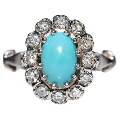 Retro Circa 1970s 14k Gold Natural Diamond And Turquoise Decorated Ring 