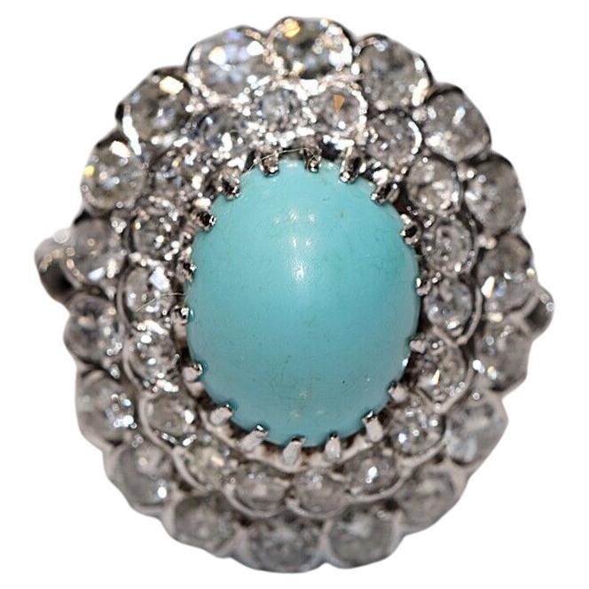 Vintage Circa 1970s 14k Gold Natural Diamond And Turquoise Decorated Ring For Sale