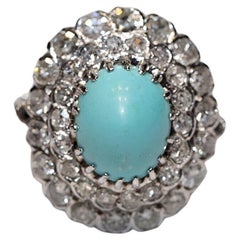 Bague vintage des années 1970 en or 14 carats décorée de diamants naturels et de turquoises