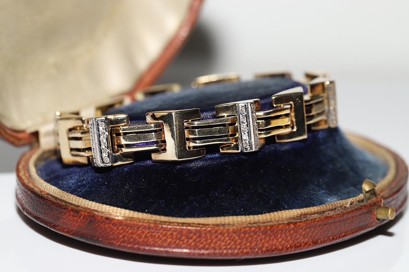 Women's Vintage Circa 1970s 14k Gold Natural Diamond Decorated Bracelet For Sale