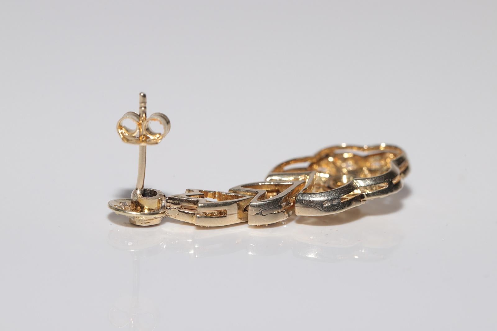 Vintage Circa 1970s 14k Gold Natural Diamond Decorated Drop Earring For Sale 4