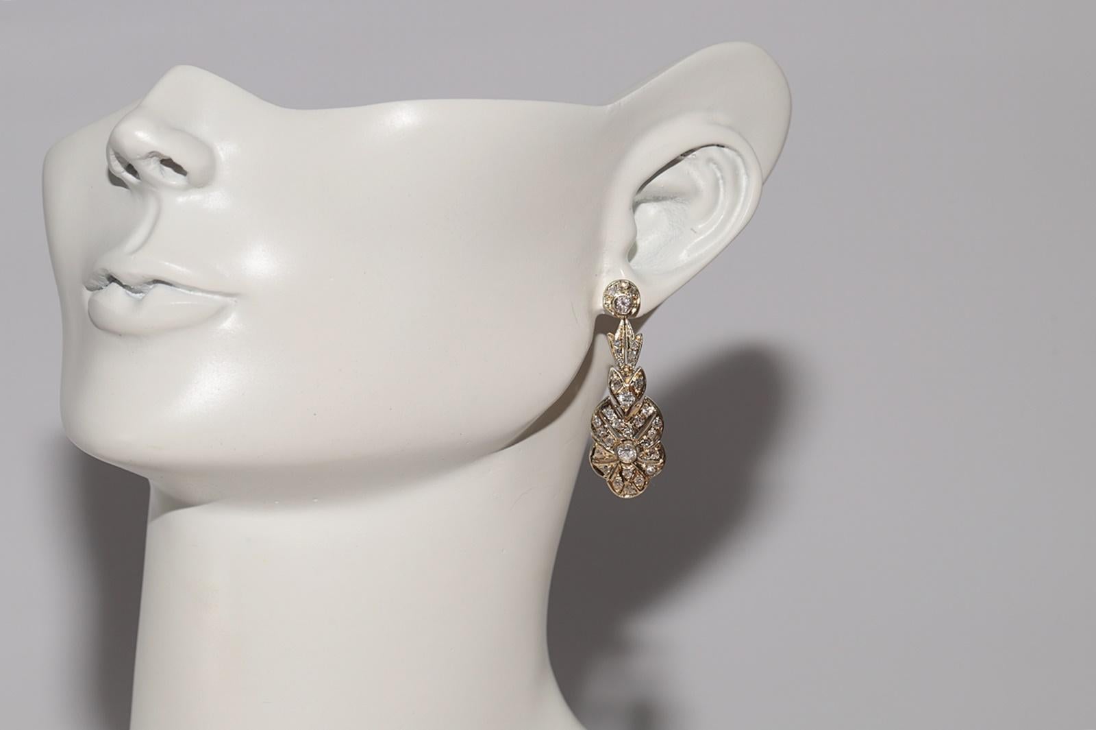 Vintage Circa 1970s 14k Gold Natural Diamond Decorated Drop Earring For Sale 8