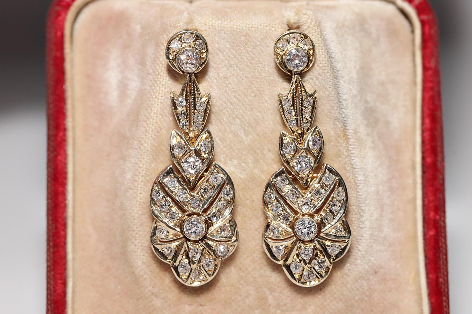 Retro Vintage Circa 1970s 14k Gold Natural Diamond Decorated Drop Earring For Sale