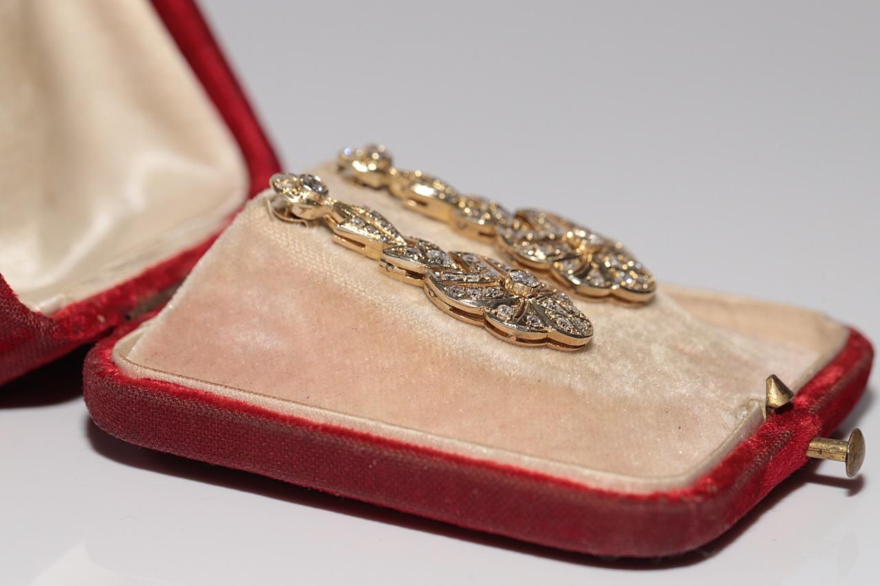 Single Cut Vintage Circa 1970s 14k Gold Natural Diamond Decorated Drop Earring For Sale