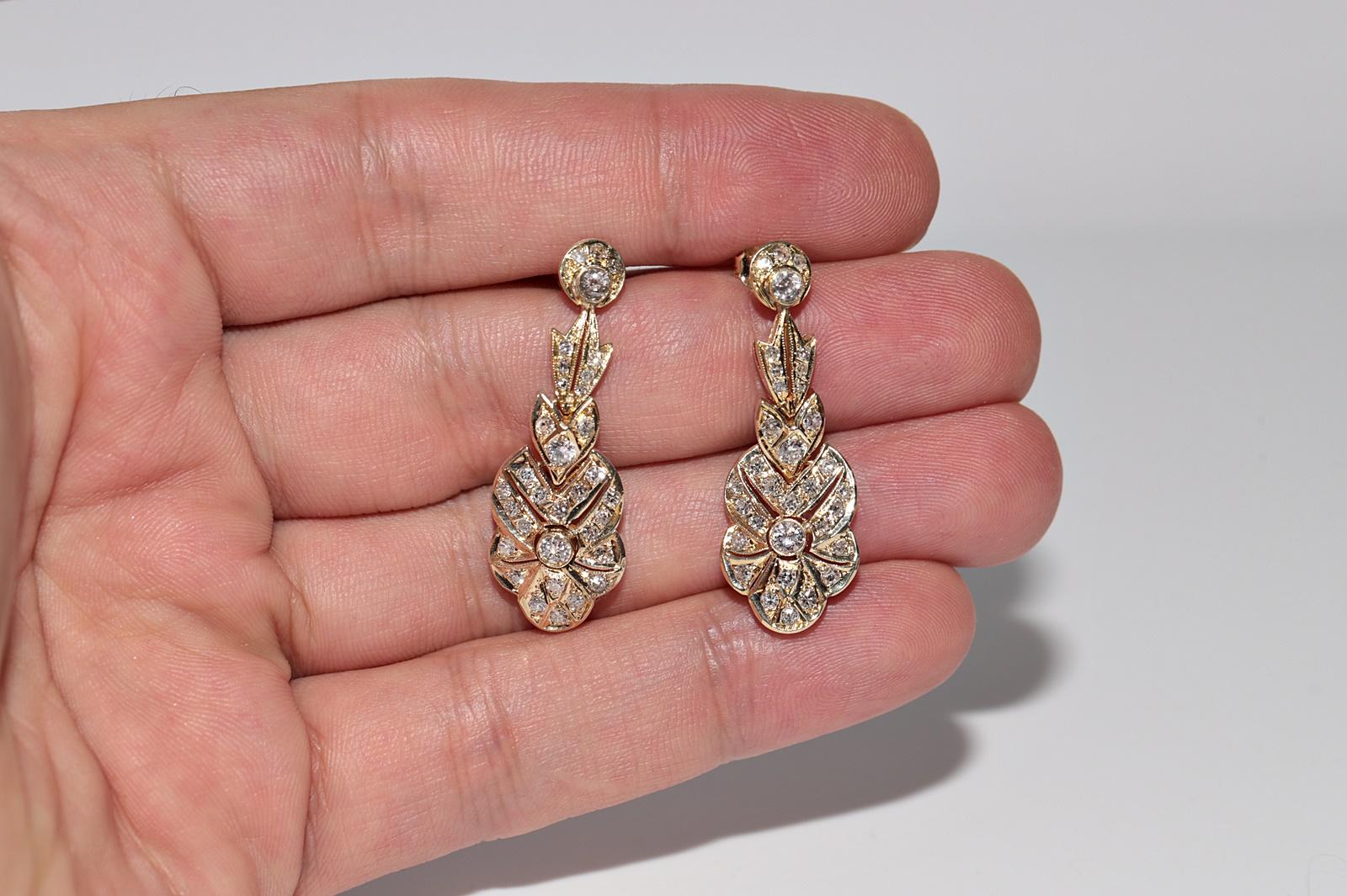 Vintage Circa 1970s 14k Gold Natural Diamond Decorated Drop Earring In Good Condition For Sale In Fatih/İstanbul, 34