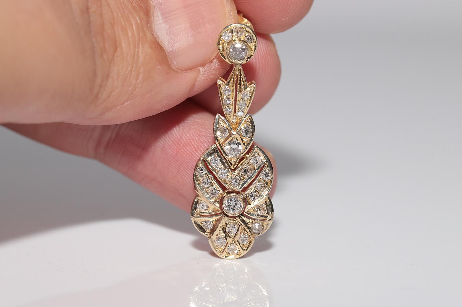 Vintage Circa 1970s 14k Gold Natural Diamond Decorated Drop Earring For Sale 1