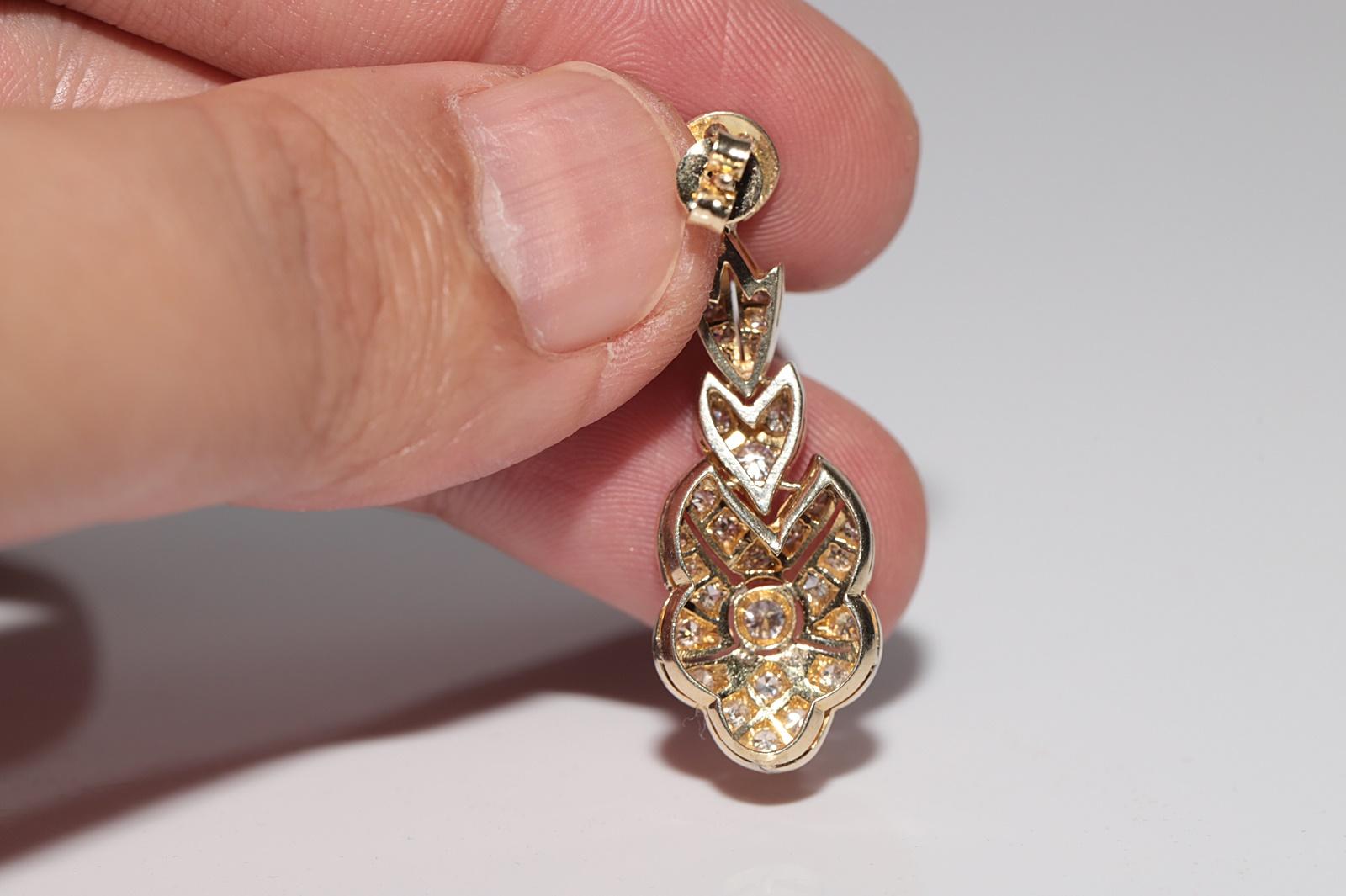 Vintage Circa 1970s 14k Gold Natural Diamond Decorated Drop Earring For Sale 3