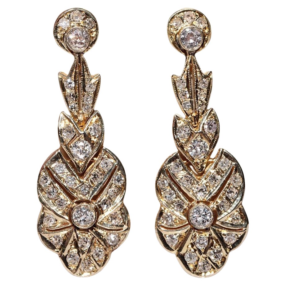 Orecchini a goccia in oro 14k con diamanti naturali decorati, Vintage CIRCA 1970