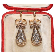 Vintage Circa 1970s 14k Gold Natural Diamond Decorated Drop Earring