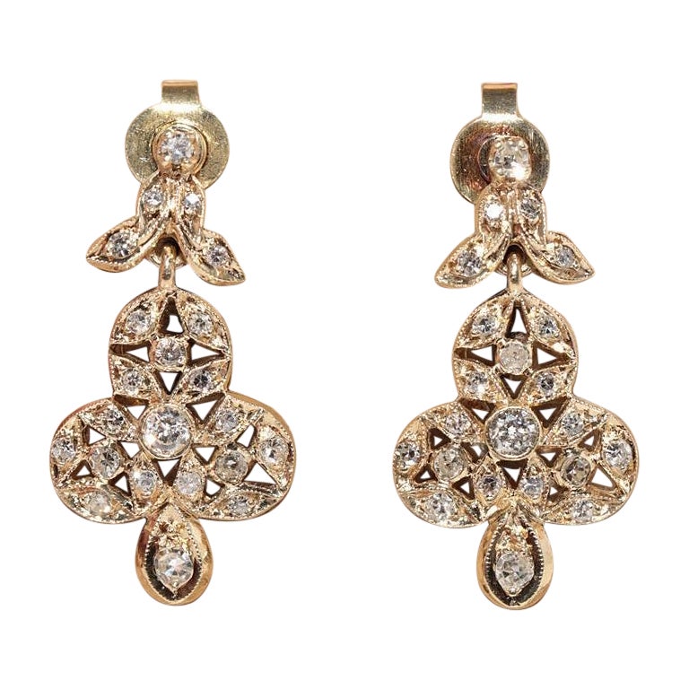 Orecchini a goccia in oro 14k con diamanti naturali decorati, Vintage CIRCA 1970