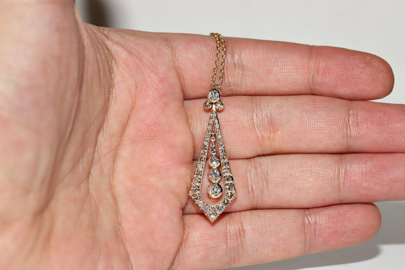 Vintage Circa 1970s 14k Gold Natural Diamond Decorated Drop Pendant Necklace For Sale 6