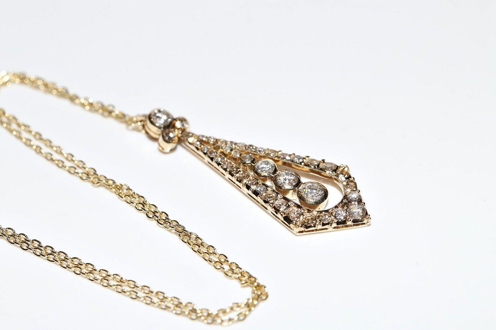 Vintage Circa 1970s 14k Gold Natural Diamond Decorated Drop Pendant Necklace For Sale 8