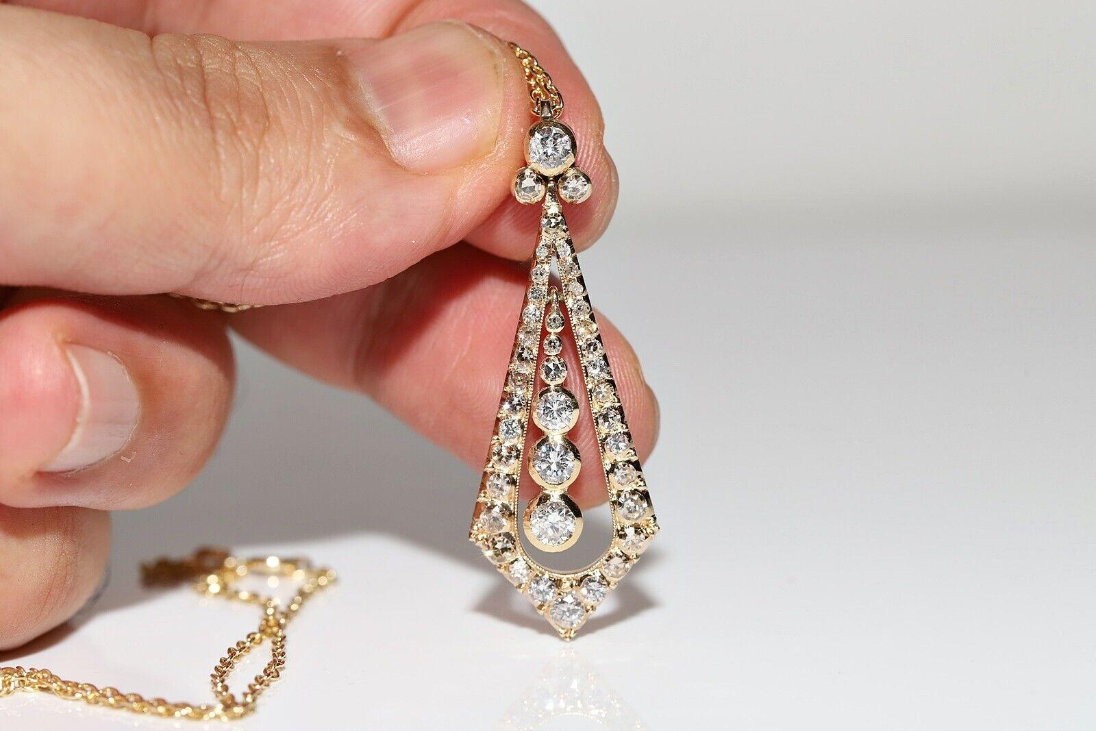Vintage Circa 1970s 14k Gold Natural Diamond Decorated Drop Pendant Necklace For Sale 10