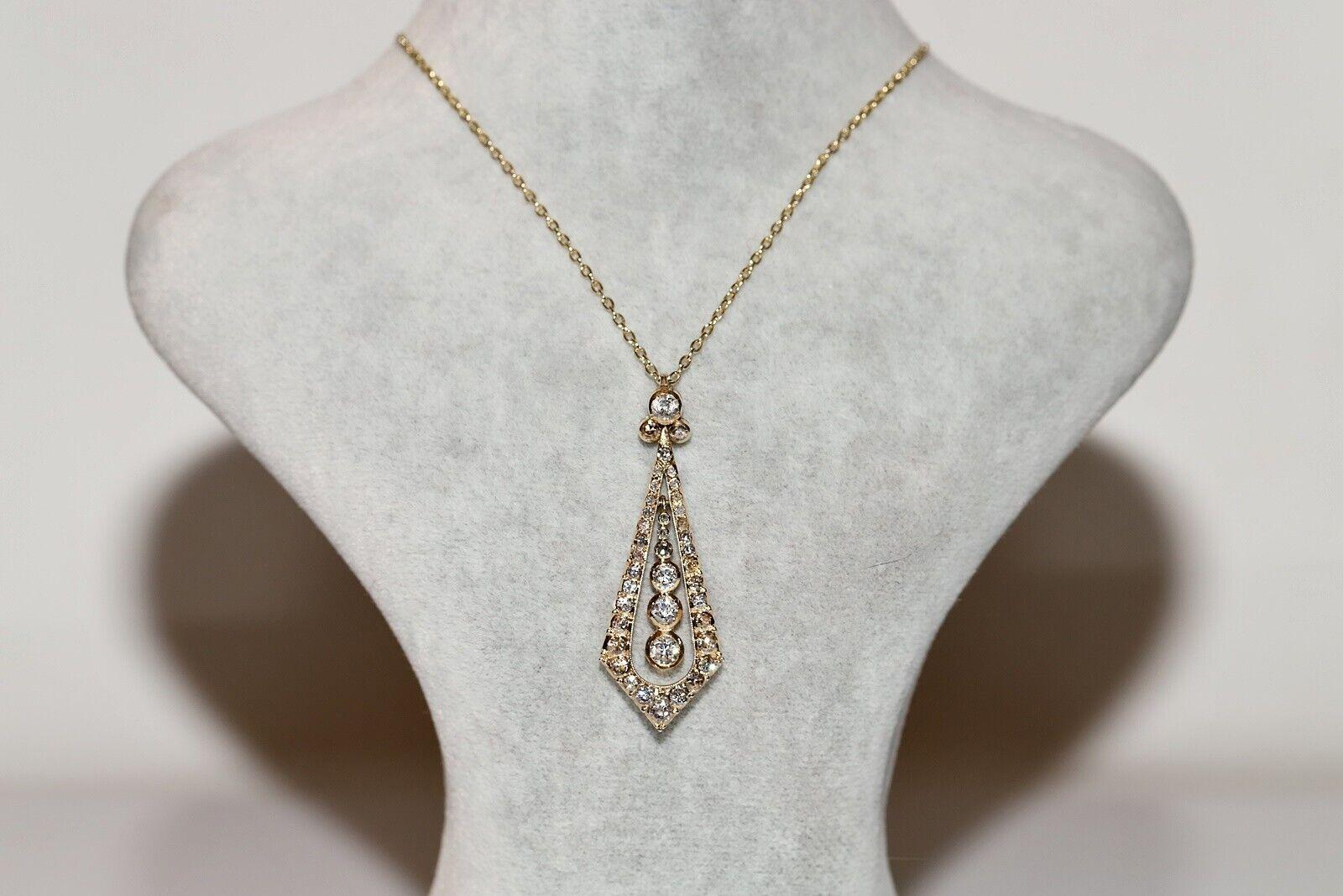 Retro Vintage Circa 1970s 14k Gold Natural Diamond Decorated Drop Pendant Necklace For Sale