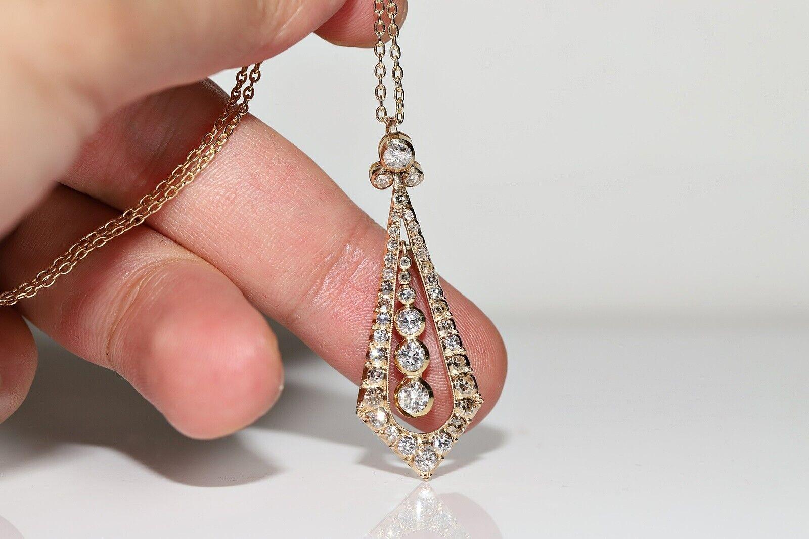 Vintage Circa 1970s 14k Gold Natural Diamond Decorated Drop Pendant Necklace For Sale 1