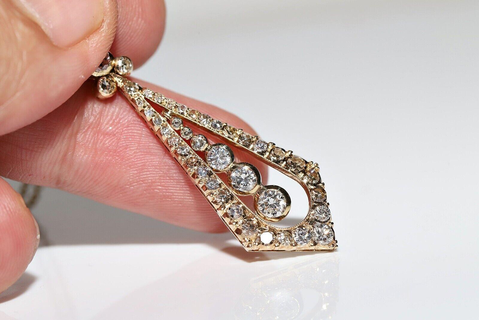 Vintage Circa 1970s 14k Gold Natural Diamond Decorated Drop Pendant Necklace For Sale 2