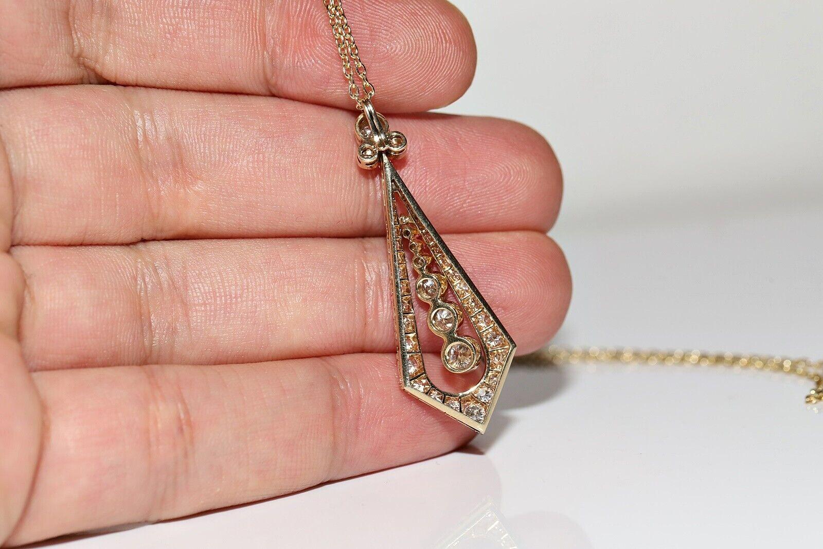 Vintage Circa 1970s 14k Gold Natural Diamond Decorated Drop Pendant Necklace For Sale 3