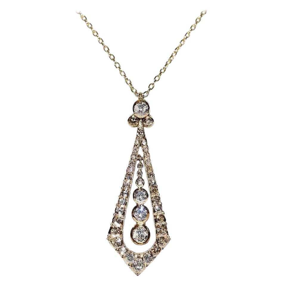 Vintage Circa 1970er Jahre 14k Gold Natürlicher Diamant Dekorierter Tropfen-Anhänger Halskette