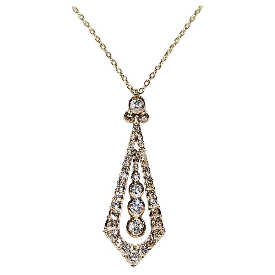 Vintage Circa 1970s 14k Gold Natural Diamond Decorated Drop Pendant Necklace For Sale
