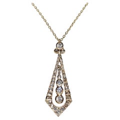 Vintage Circa 1970s 14k Gold Natural Diamond Decorated Drop Pendant Necklace