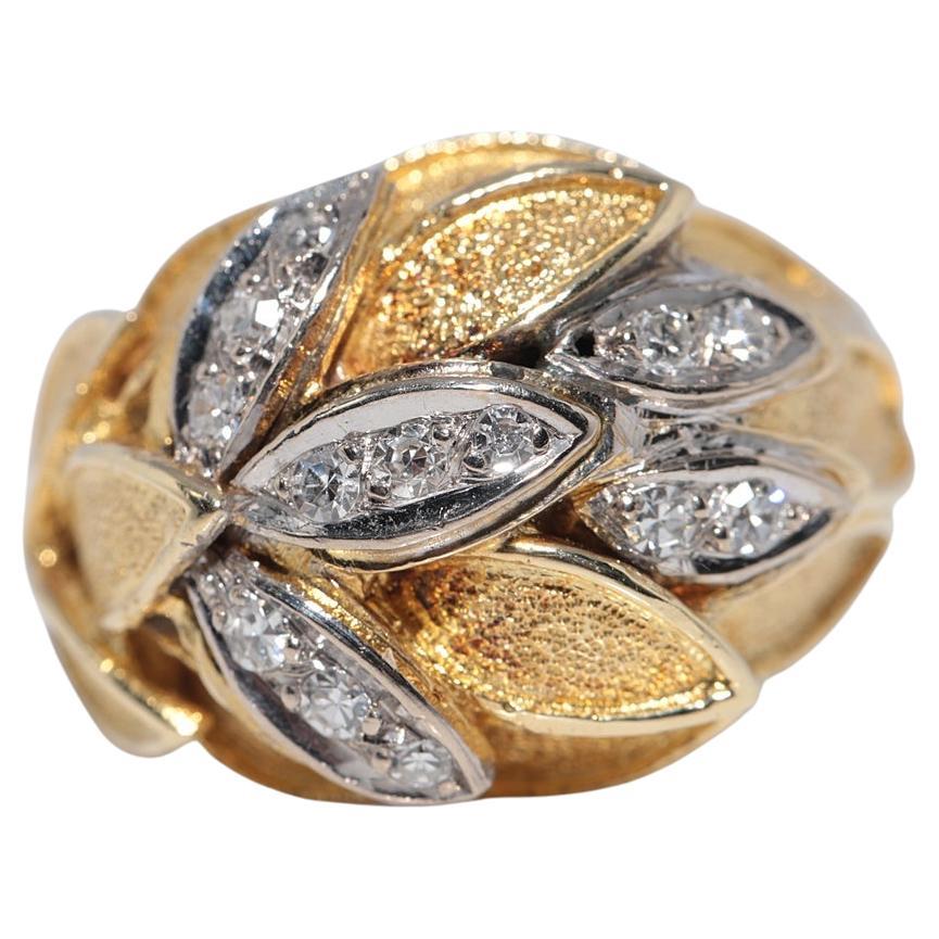 Anello Vintage CIRCA 1970 in oro 14k con diamanti naturali e fiori decorati