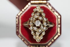 Vintage Circa 1970s 14k Gold Natural Diamond Decorated Navette Ring