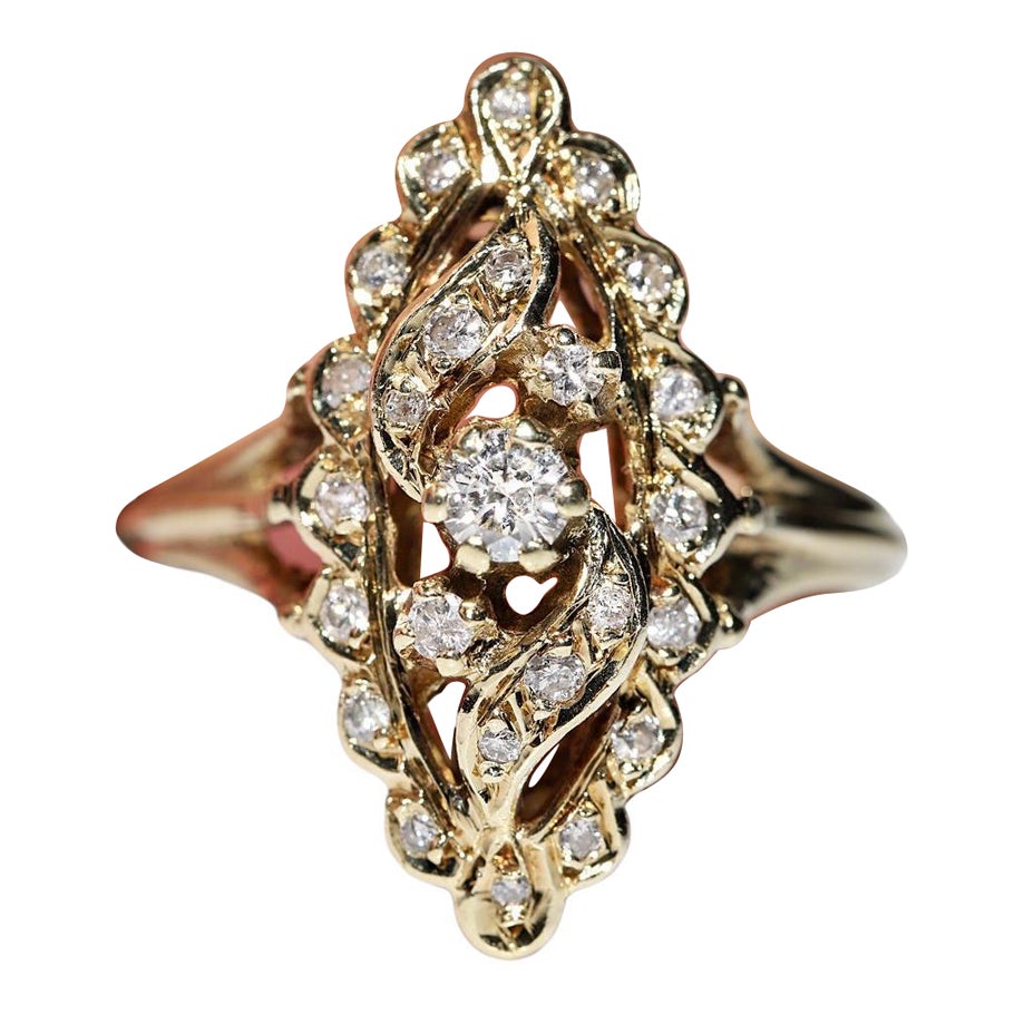Vintage Circa 1970s 14k Gold Natural Diamond Decorated Navette Ring