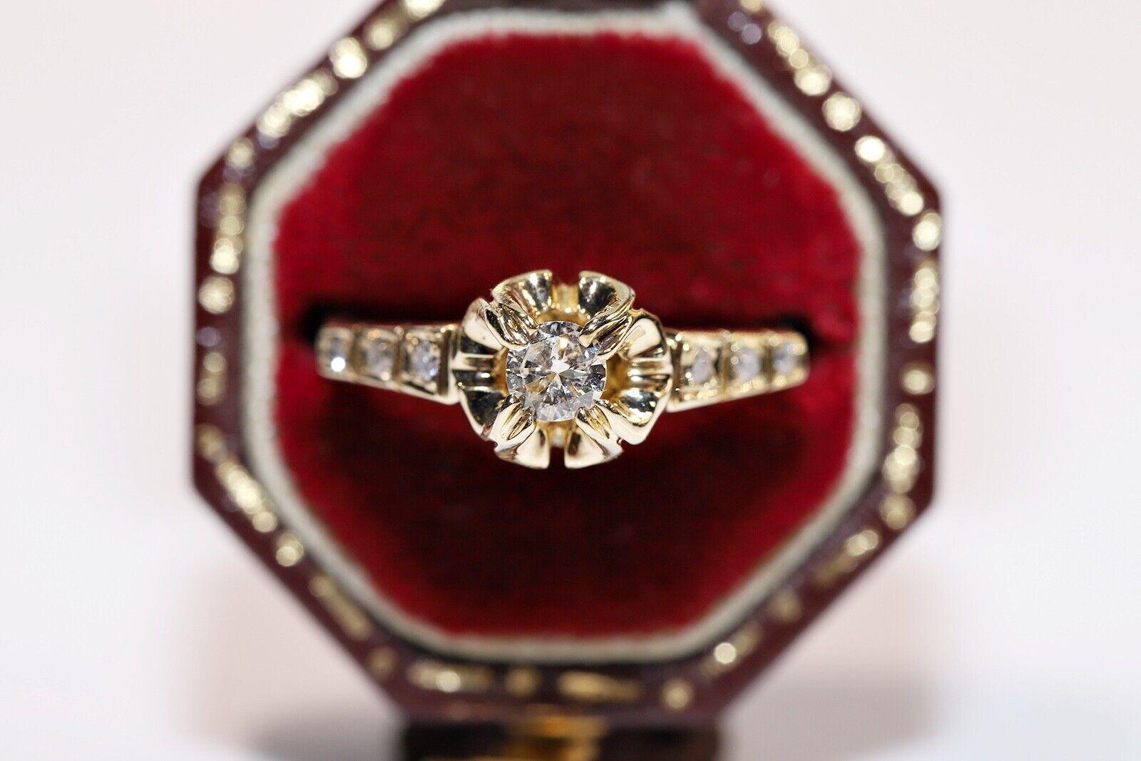 Vintage Circa 1970s 14k Gold Natural Diamond Decorated Solitaire Ring  For Sale 2