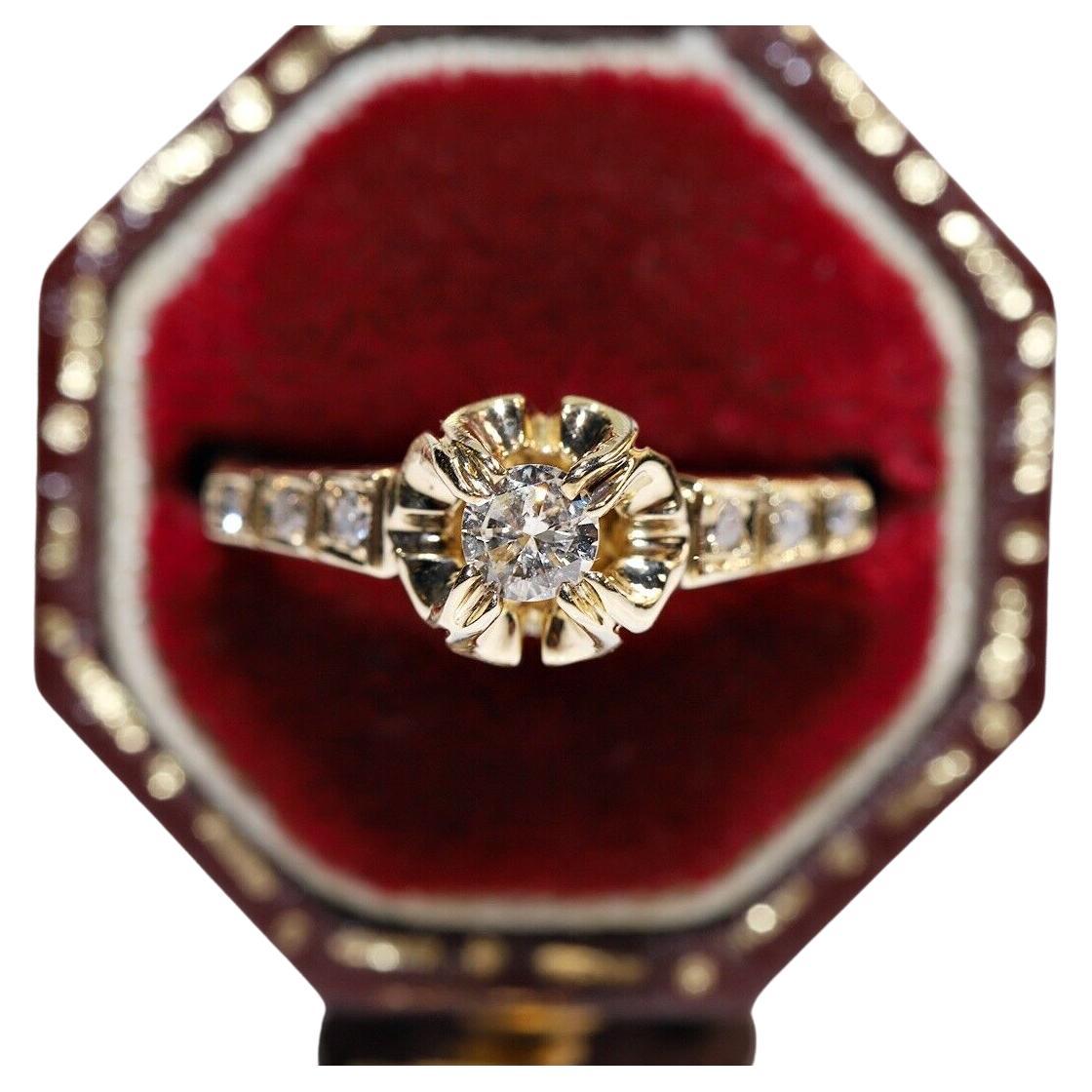 Vintage Circa 1970s 14k Gold Natural Diamond Decorated Solitaire Ring  For Sale