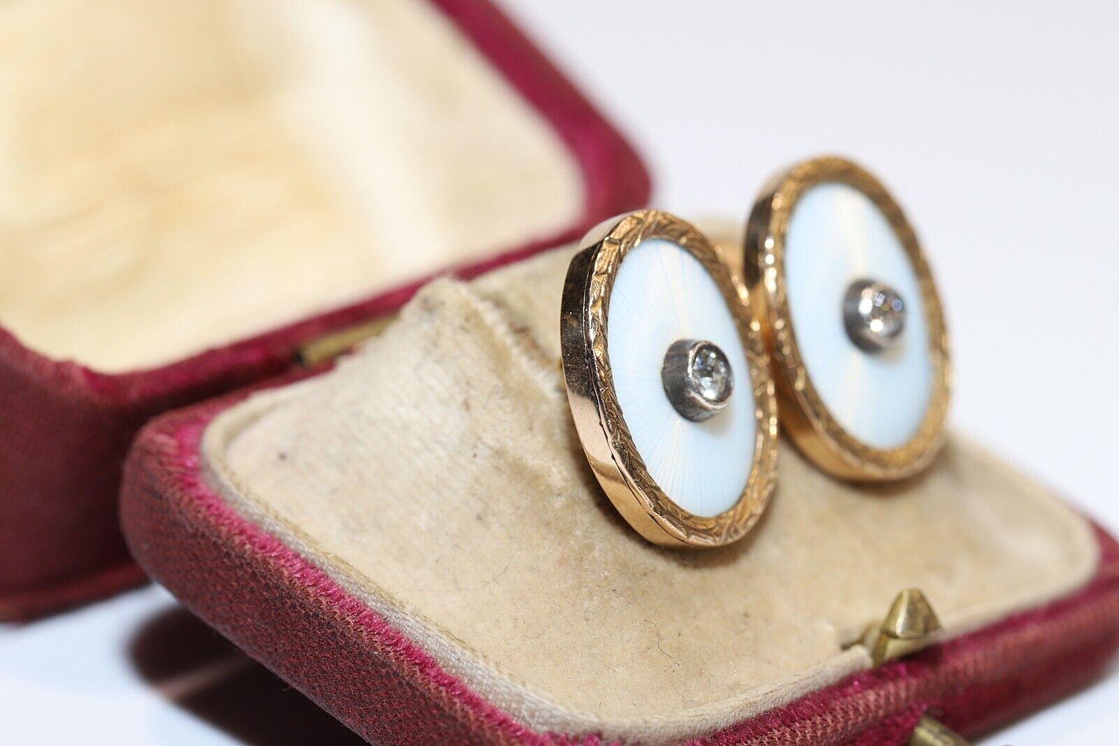 Vintage Circa 1970s 14k Gold Natural Diamond Enamel Earring  For Sale 5