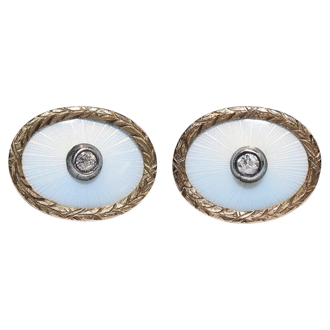 Vintage Circa 1970 Boucle d
oreille solitaire en or 14k avec diamant naturel et émail