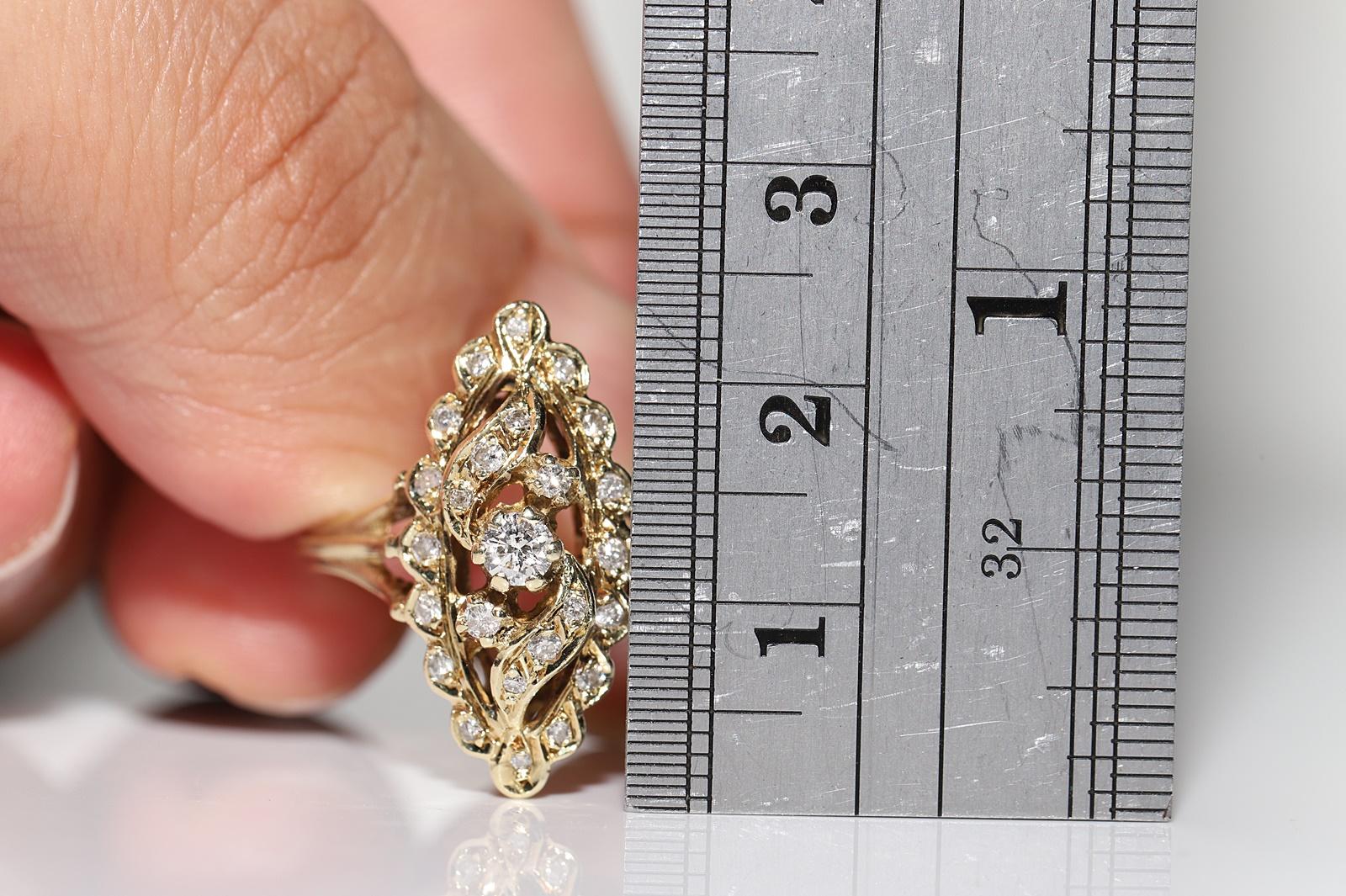 Vintage Circa 1970s 14k Gold Natural Diamond Navette Ring For Sale 2