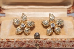 Vintage Circa 1970s 14k Gold Natural Diamond Omega Back Flowers Earring