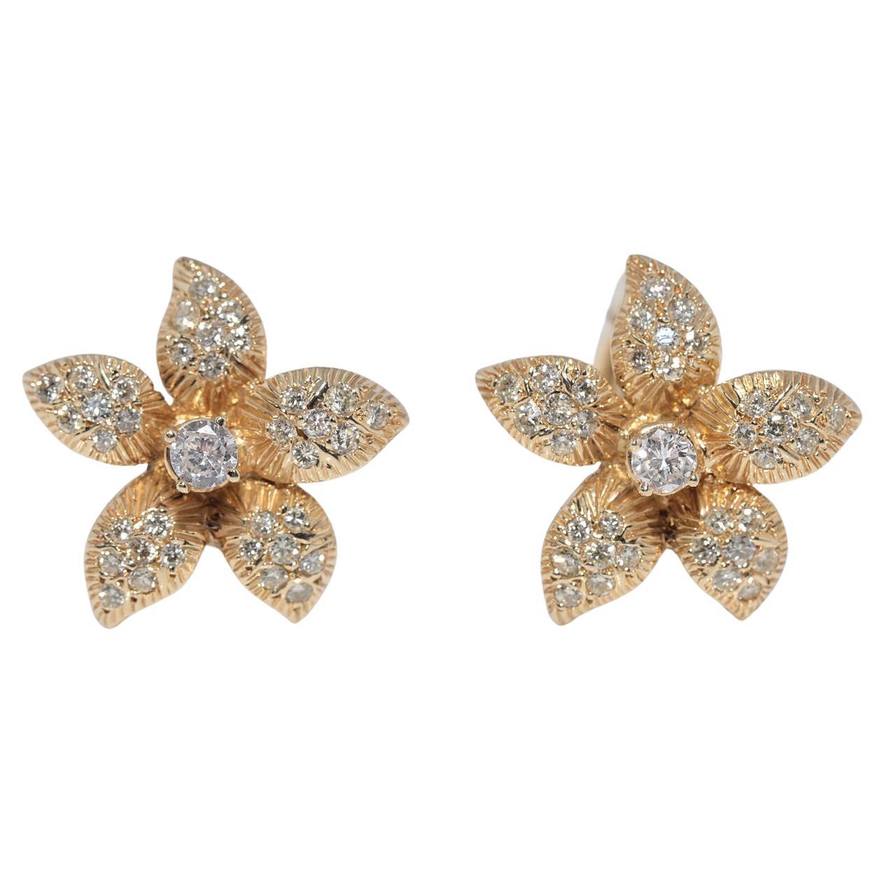 Vintage Circa 1970s 14k Gold Natural Diamond Omega Back Flowers Earring