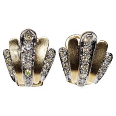 Orecchini a conchiglia con diamanti naturali in oro 14k, vintage, circa anni '70