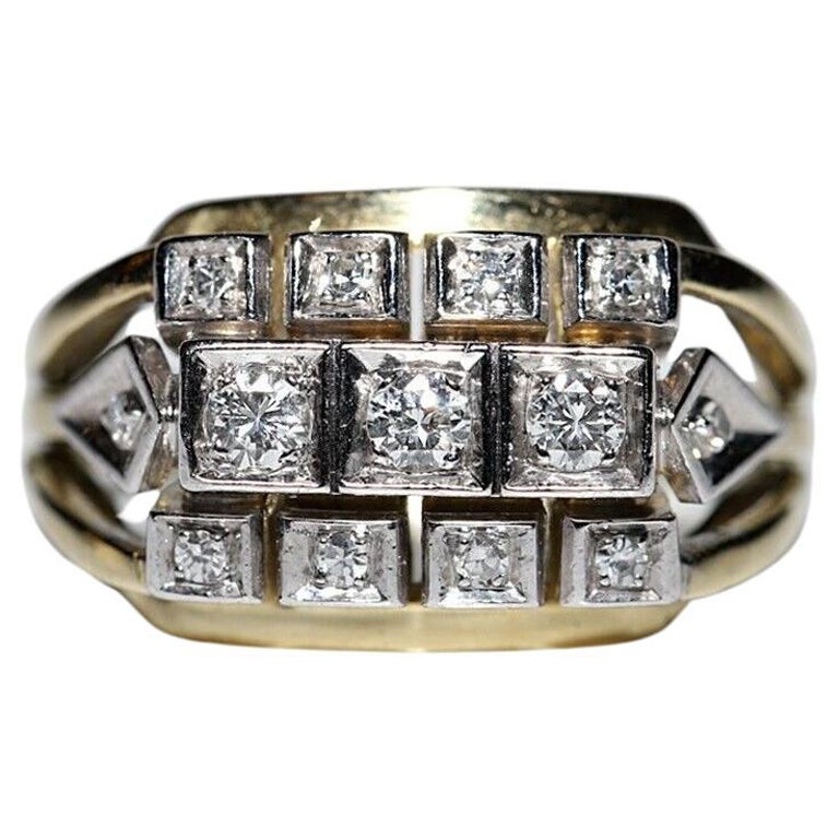 Bague débardeur vintage des années 1970 en or 14 carats avec diamants naturels