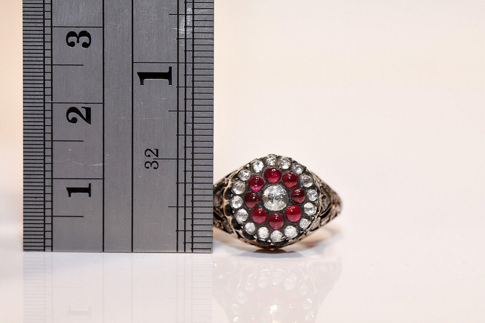 Vintage Circa 1970s 14k Gold Natural Rose Cut Diamond And Cabochon Cut Ruby Ring For Sale 2