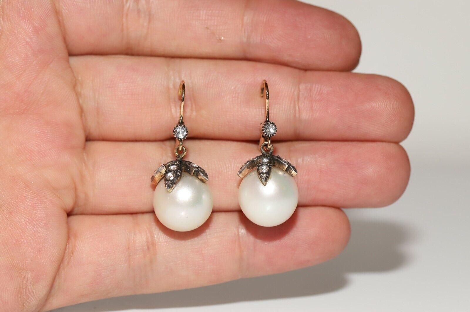 Vintage Circa 1970s 14k Gold Natural Rose Cut Diamond And Pearl Earring For Sale 6