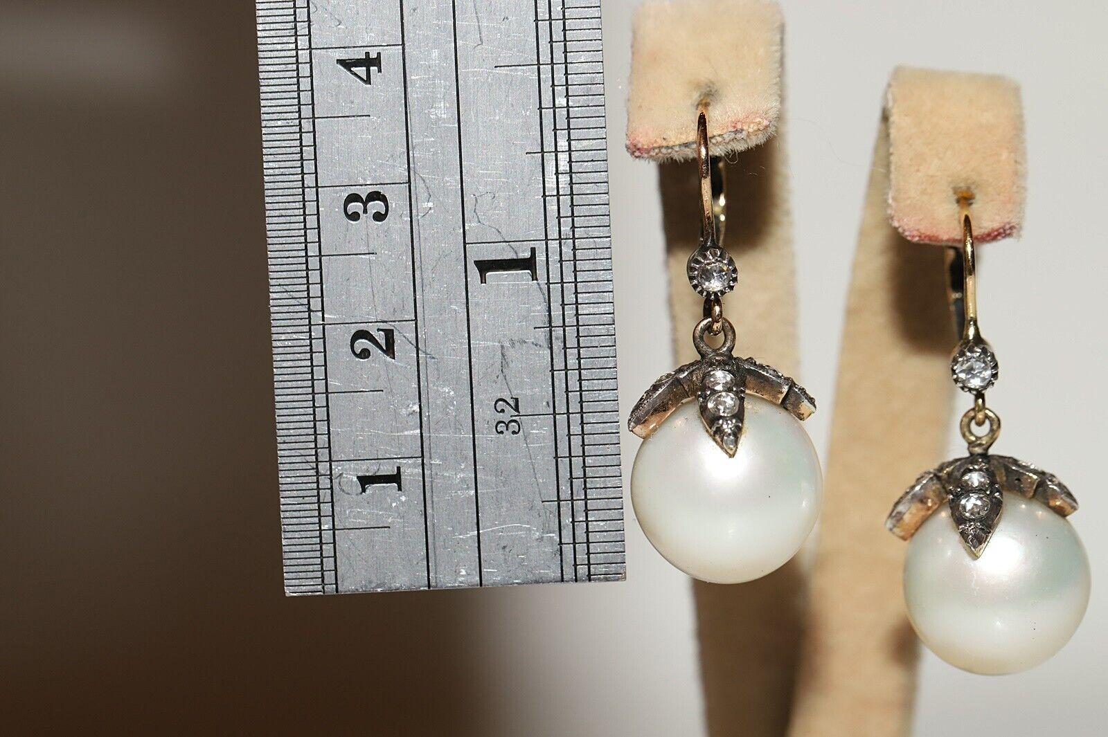 Vintage Circa 1970s 14k Gold Natural Rose Cut Diamond And Pearl Earring In Good Condition For Sale In Fatih/İstanbul, 34