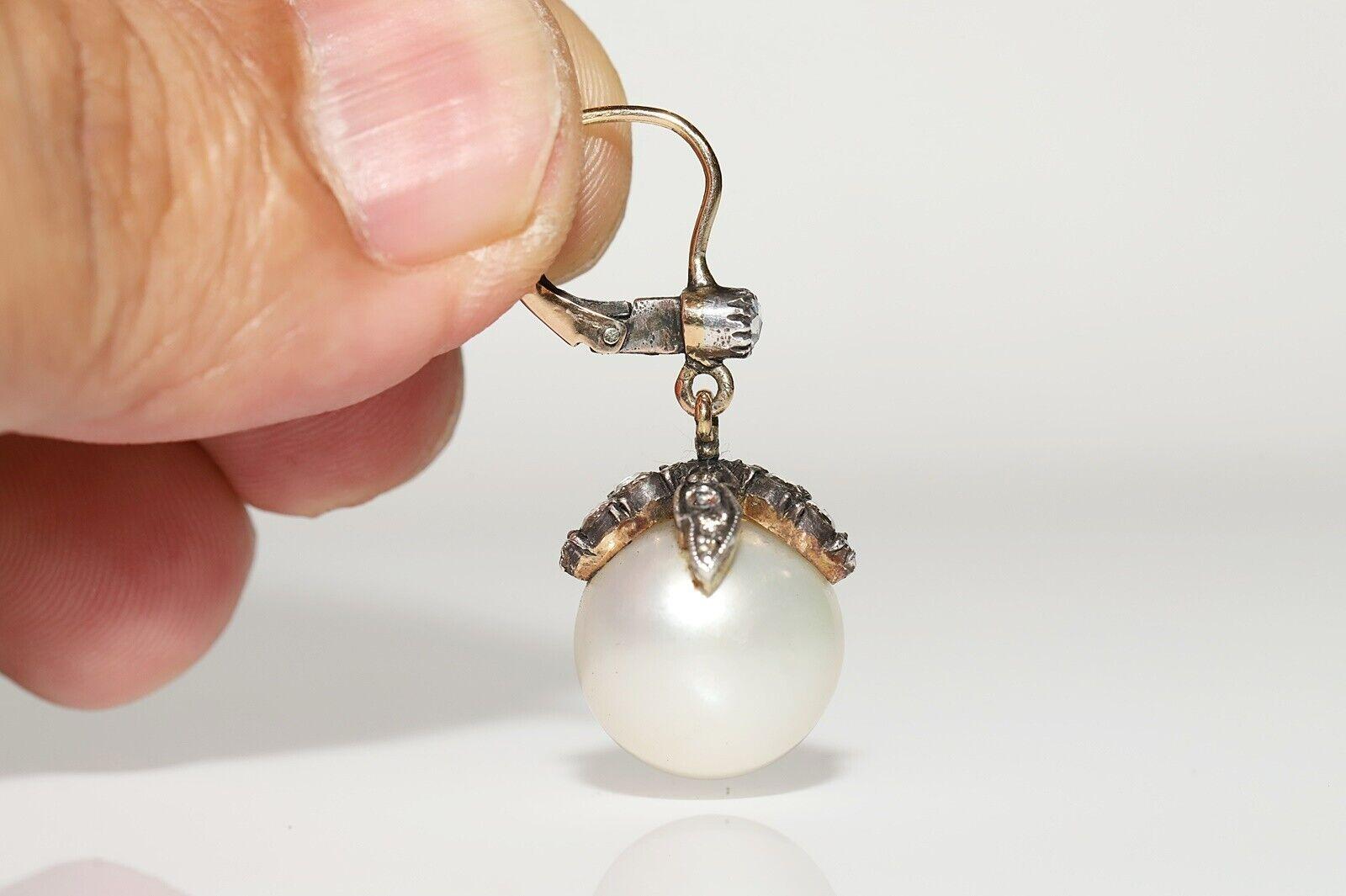 Vintage Circa 1970s 14k Gold Natural Rose Cut Diamond And Pearl Earring For Sale 1