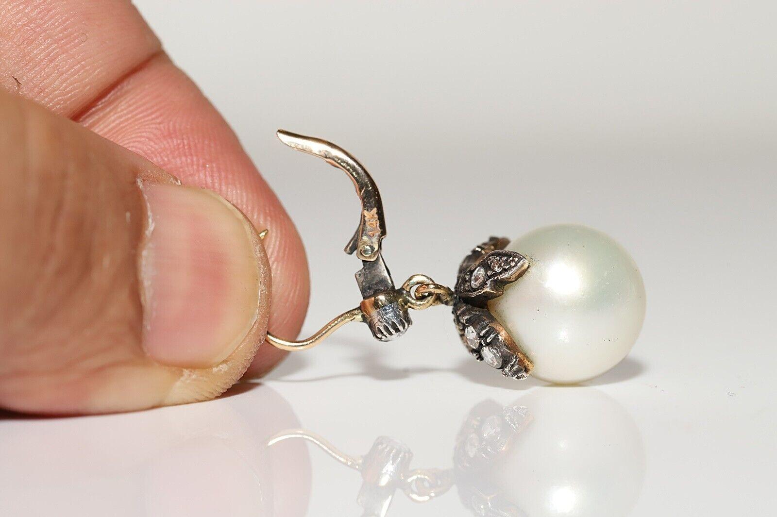 Vintage Circa 1970s 14k Gold Natural Rose Cut Diamond And Pearl Earring For Sale 2