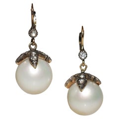 Retro Circa 1970s 14k Gold Natural Rose Cut Diamond And Pearl Earring