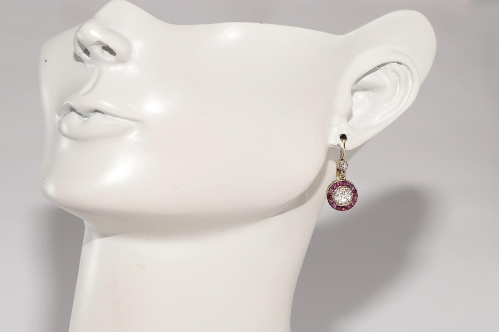 Vintage Circa 1970s 14k Gold Natural Rose Cut Diamond And Ruby Drop Earring For Sale 8