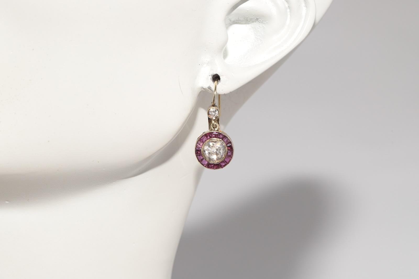 Vintage Circa 1970s 14k Gold Natural Rose Cut Diamond And Ruby Drop Earring For Sale 9
