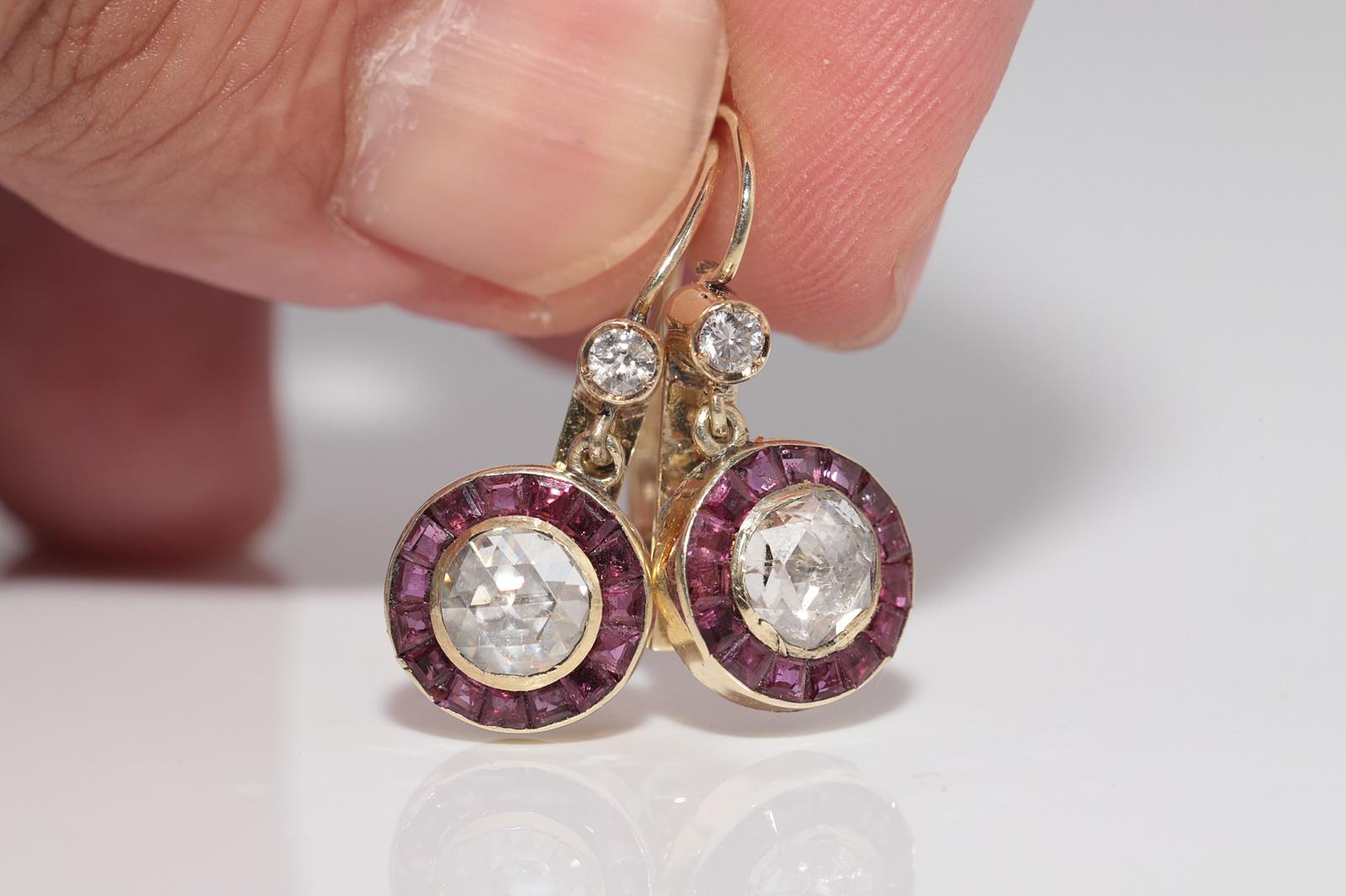 Women's Vintage Circa 1970s 14k Gold Natural Rose Cut Diamond And Ruby Drop Earring For Sale