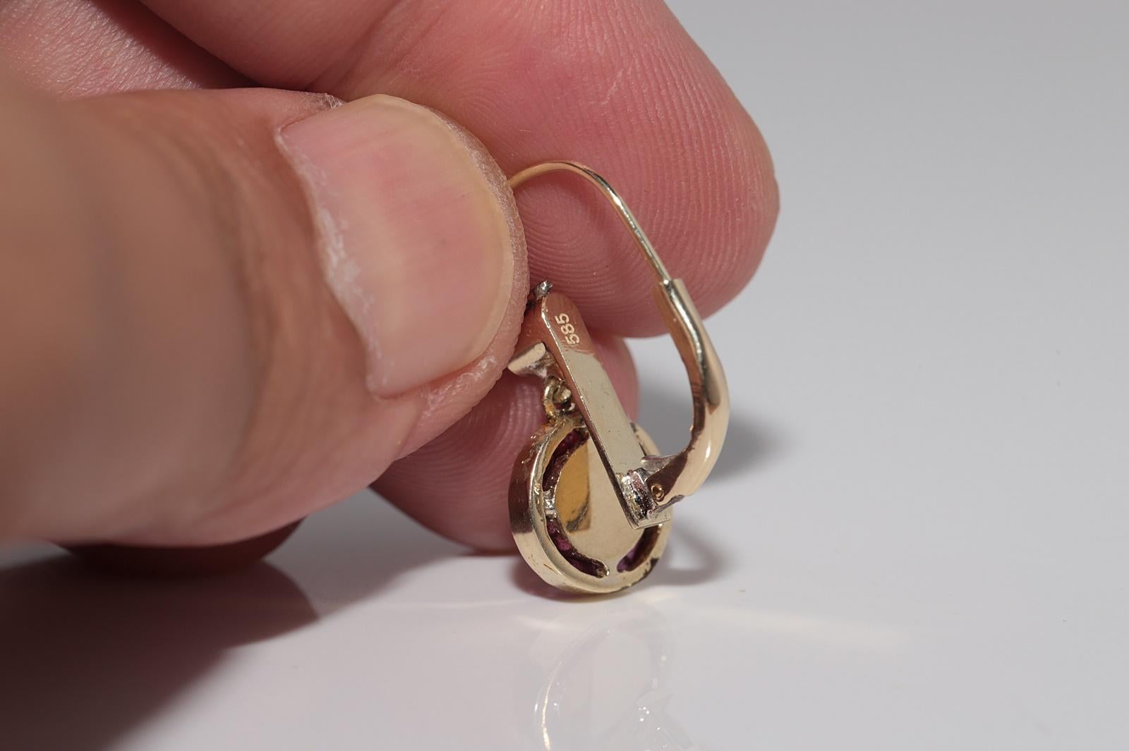 Vintage Circa 1970s 14k Gold Natural Rose Cut Diamond And Ruby Drop Earring For Sale 1