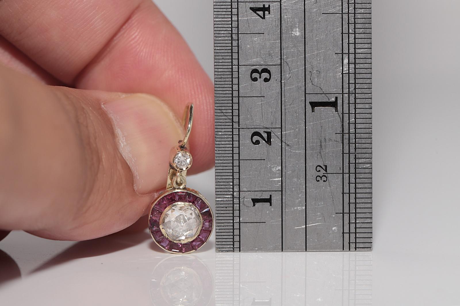 Vintage Circa 1970s 14k Gold Natural Rose Cut Diamond And Ruby Drop Earring For Sale 4