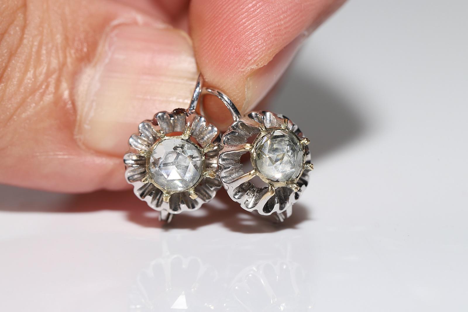 Retro Vintage Circa 1970s 14k Gold Natural Rose Cut Diamond Solitaire Earring  For Sale