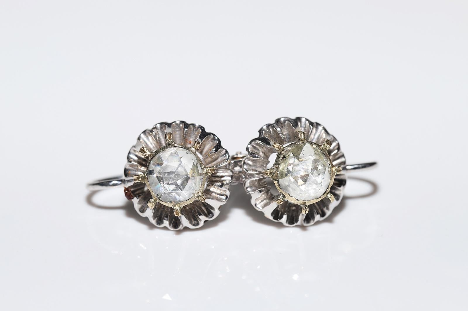 Vintage Circa 1970s 14k Gold Natural Rose Cut Diamond Solitaire Earring  In Good Condition For Sale In Fatih/İstanbul, 34