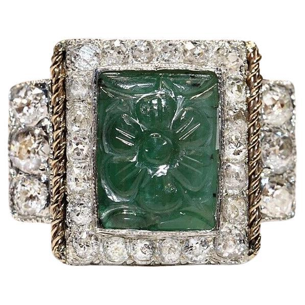 Vintage Circa 1970s 14k Gold Top Silver  Natural Diamond And Emerald Ring